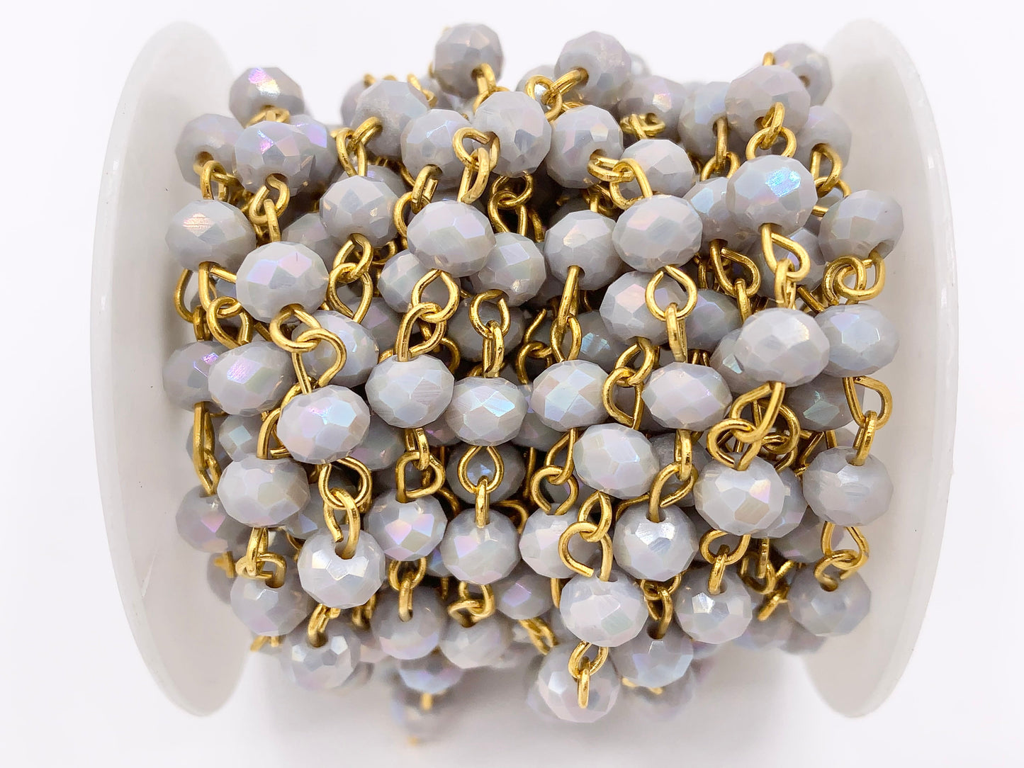 Gray AB Crystal Rondelle Faceted Rosary Beaded Chain With Gold Wire By Spool 6mm 8mm
