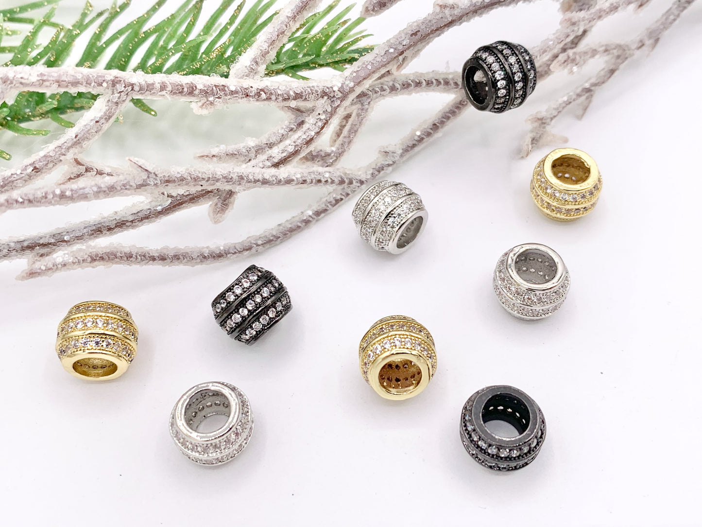 7.5x9mm Barrel Shape Large Hole Spacers Micro CZ Pave Beads in Real 18K Gold/Platinum/Gunmetal Plated Over Copper 8PCS