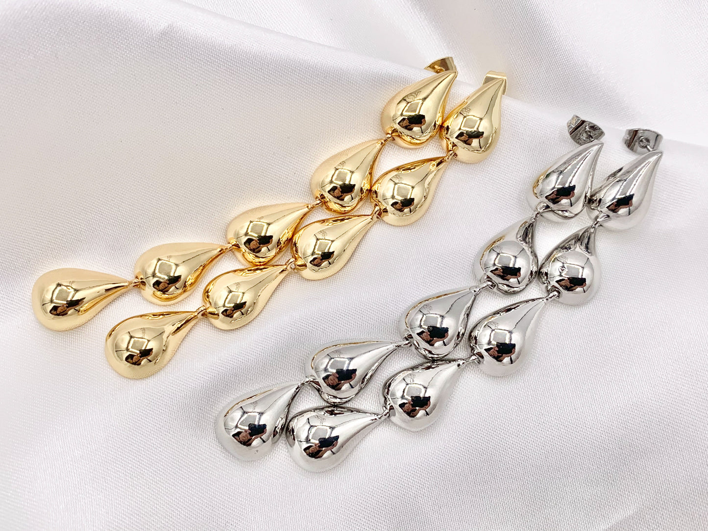 Lightweight Long Dangle Drop Puffy Earrings in 18K Gold or Silver Plated Copper 2 PAIRS