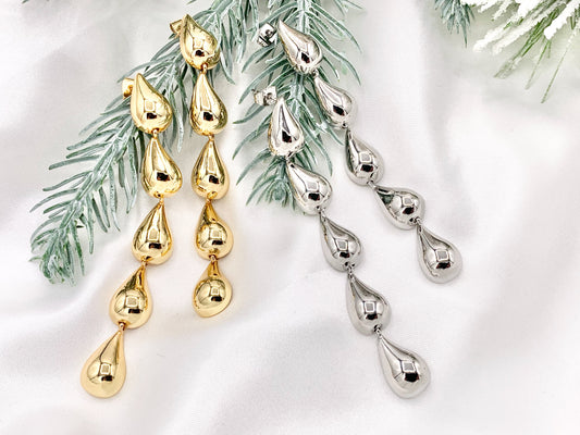 Lightweight Long Dangle Drop Puffy Earrings in 18K Gold or Silver Plated Copper 2 PAIRS