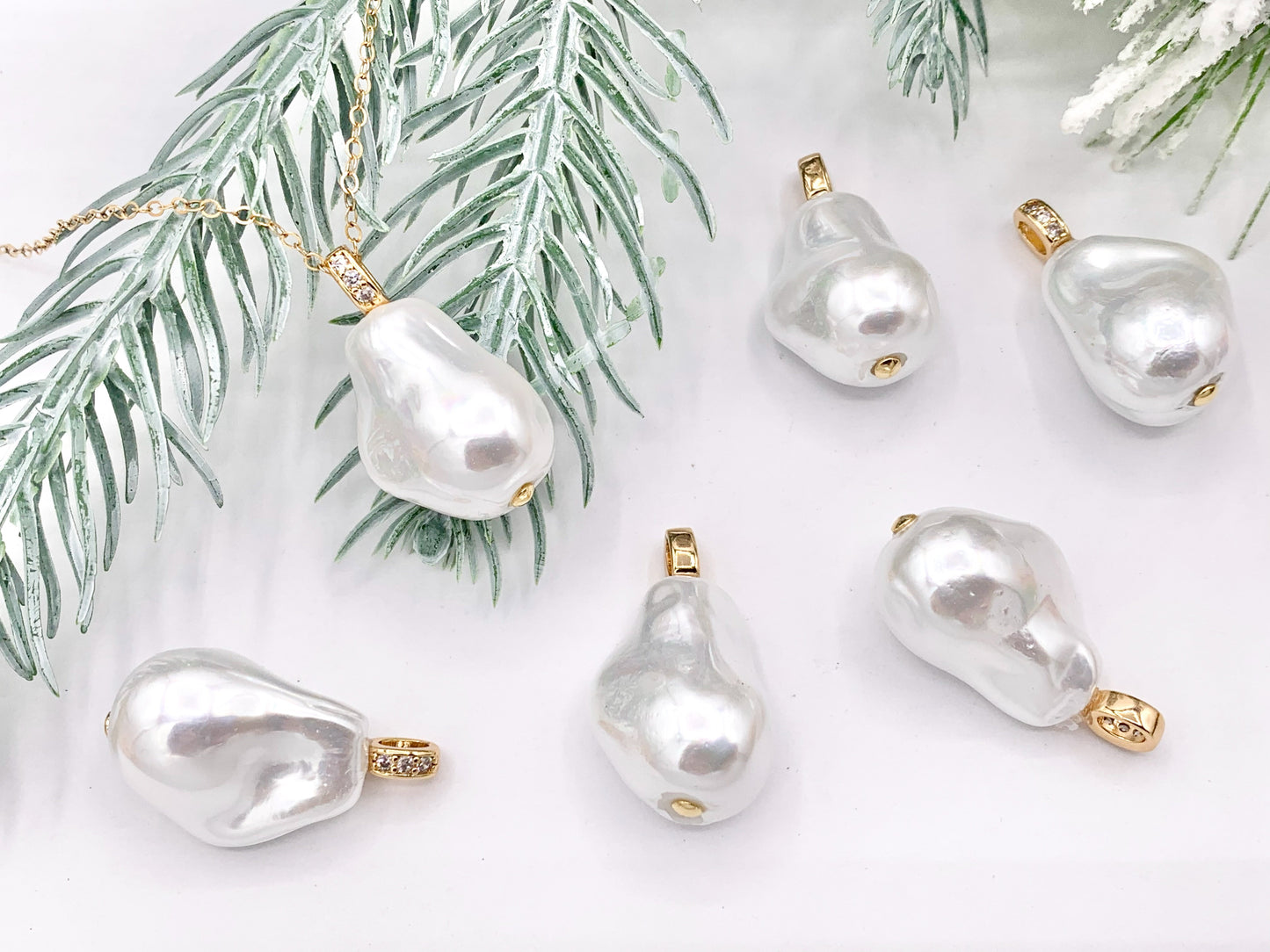 Beautiful Baroque Shape Shell Pearl Pendants with Real Gold 18K Plated CZ Pave Over Copper Loop 6 PCS