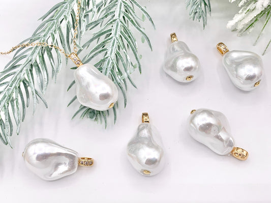 Beautiful Baroque Shape Shell Pearl Pendants with Real Gold 18K Plated CZ Pave Over Copper Loop 6 PCS