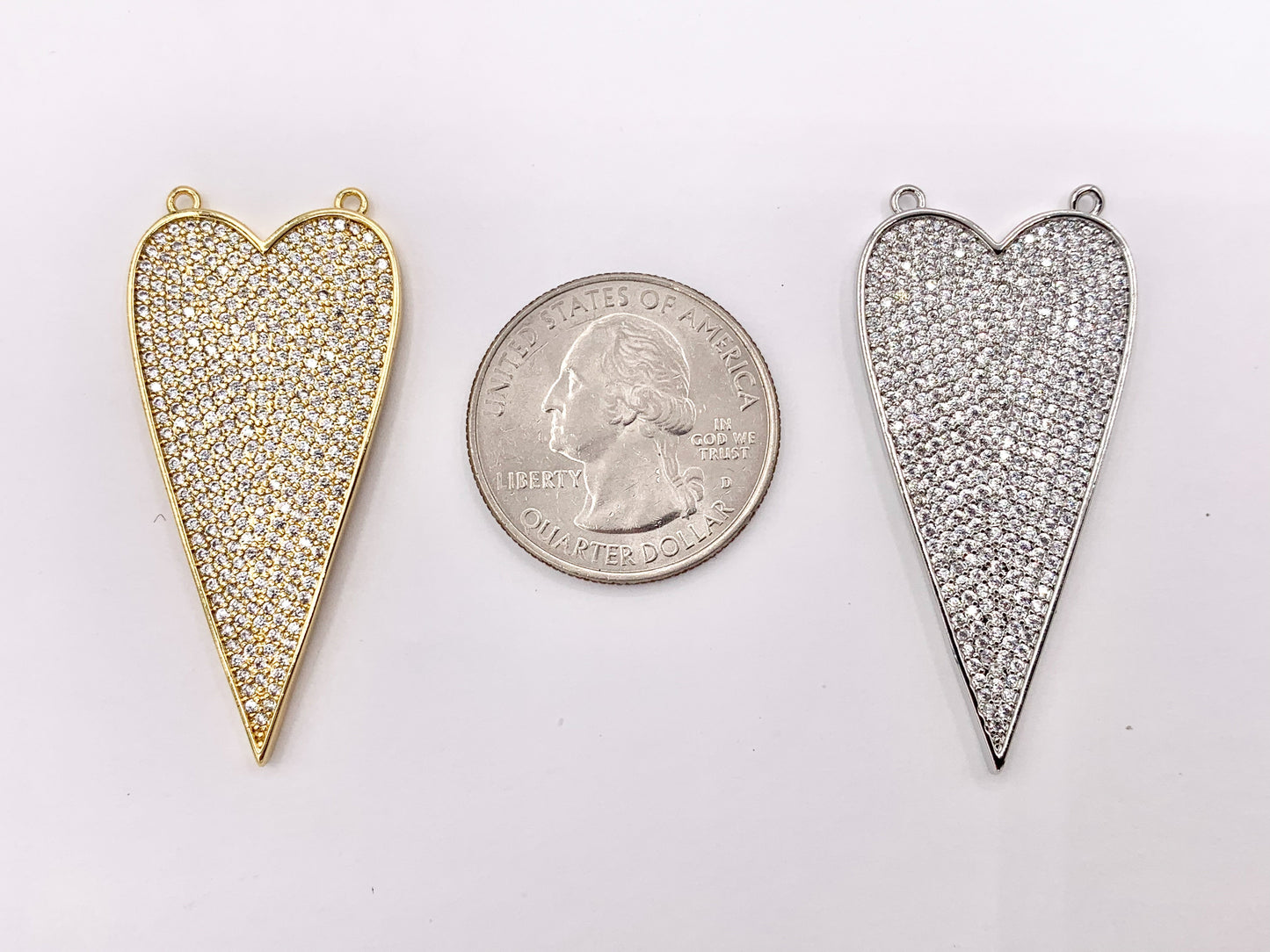 Large Flat 2 Loop Heart Pave Pendant in Real 18K Gold/Silver Plated Micro CZ Over Copper 2 PCS