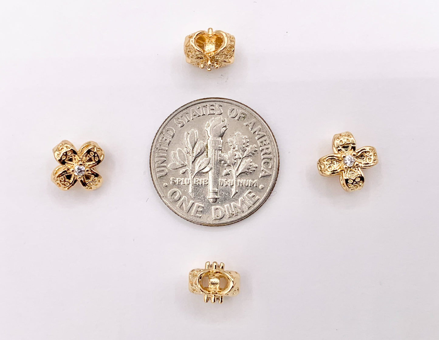 Dainty Mini Flower Quatrefoil Clover Pave Spacer Charms in Real Gold 18K Plated Micro CZ Over Brass 10 PCS