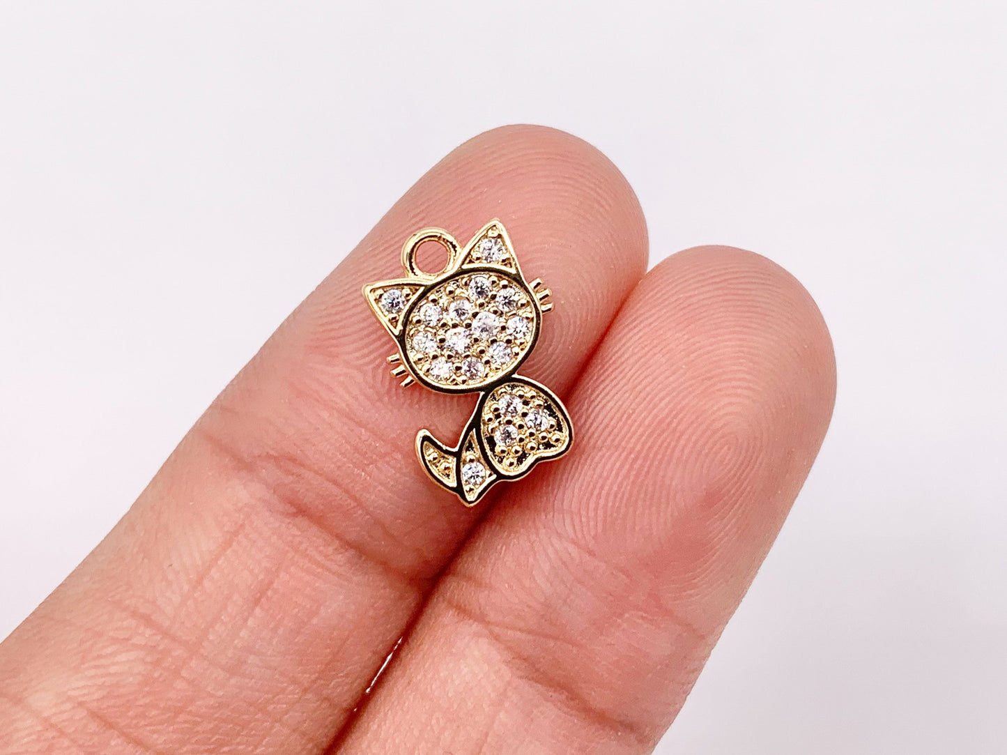 Tiny Cute Kitty Charms Small Cat Pendants in Real Gold 18K Plated CZ Pave Over Copper 10 PCS