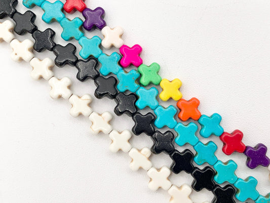 8mm Cross Howlite Turquoise Flat Beads White, Red, Turquoise, Multicolor Around 15" Price 1 Strand