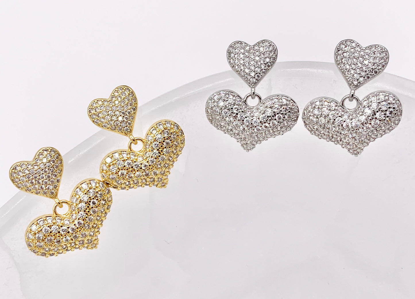 Bold Dangle Puffy Heart Earrings in Rhinestone CZ Pave Designed in 18K Gold or Silver Plated Copper 3 PAIRS