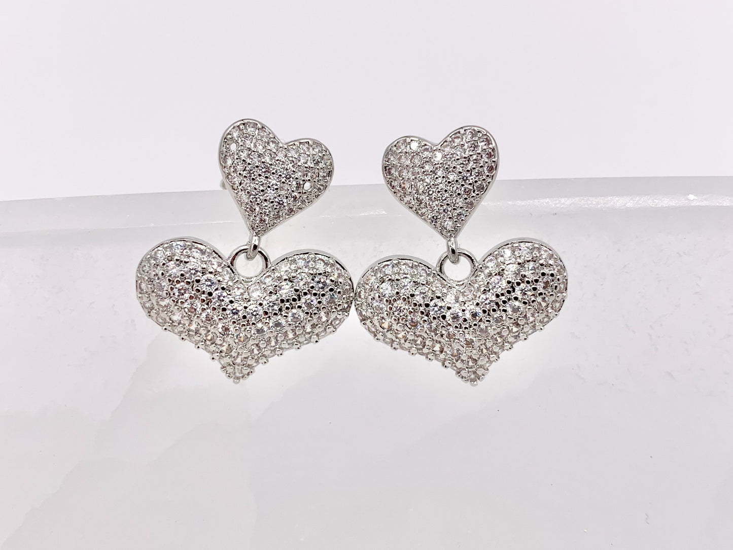 Bold Dangle Puffy Heart Earrings in Rhinestone CZ Pave Designed in 18K Gold or Silver Plated Copper 3 PAIRS