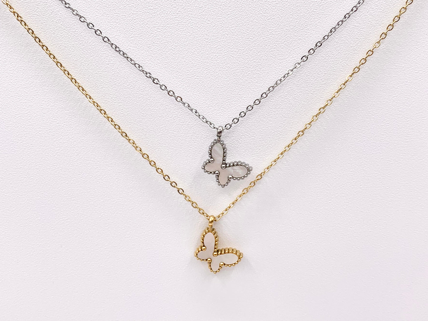 Delicate MOP Butterfly Necklace Gold/Silver Plated Stainless Steel Dainty Flexible Minimalist Finished Necklace 16" with Extension Link