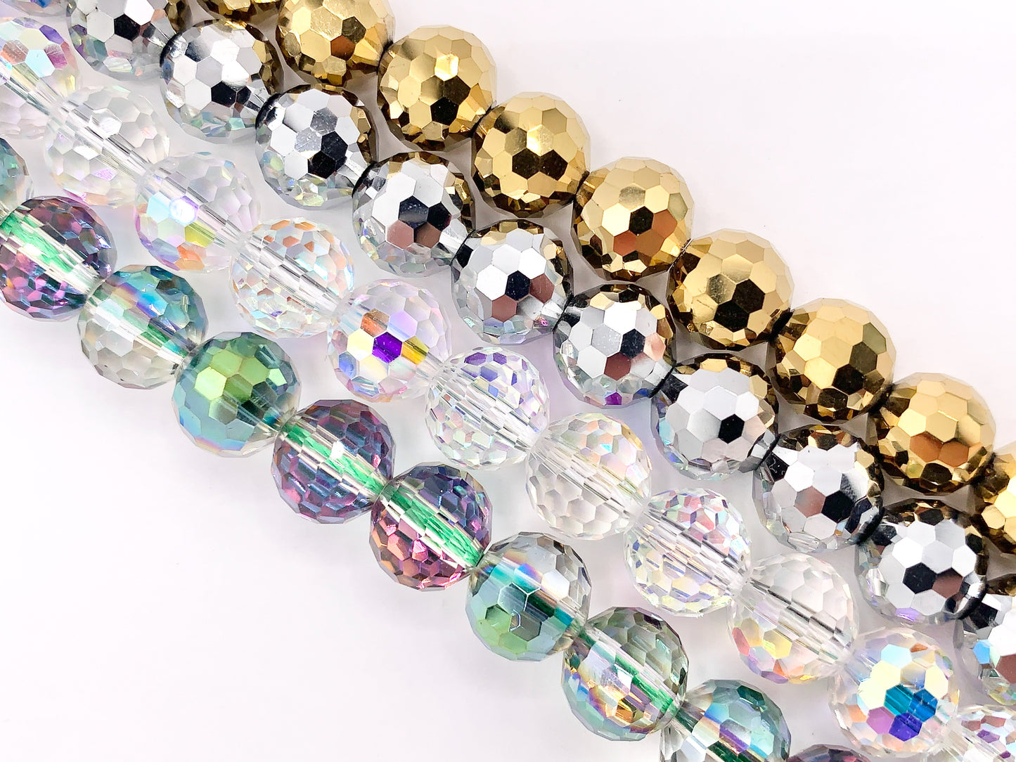 10mm High Quality Crystal Round Faceted 96 Cut Extra Shiny Crystal Beads 1 Strand 10" Available in Gold, Silver, Clear AB And Green/Purple