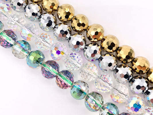 10mm High Quality Crystal Round Faceted 96 Cut Extra Shiny Crystal Beads 1 Strand 10" Available in Gold, Silver, Clear AB And Green/Purple