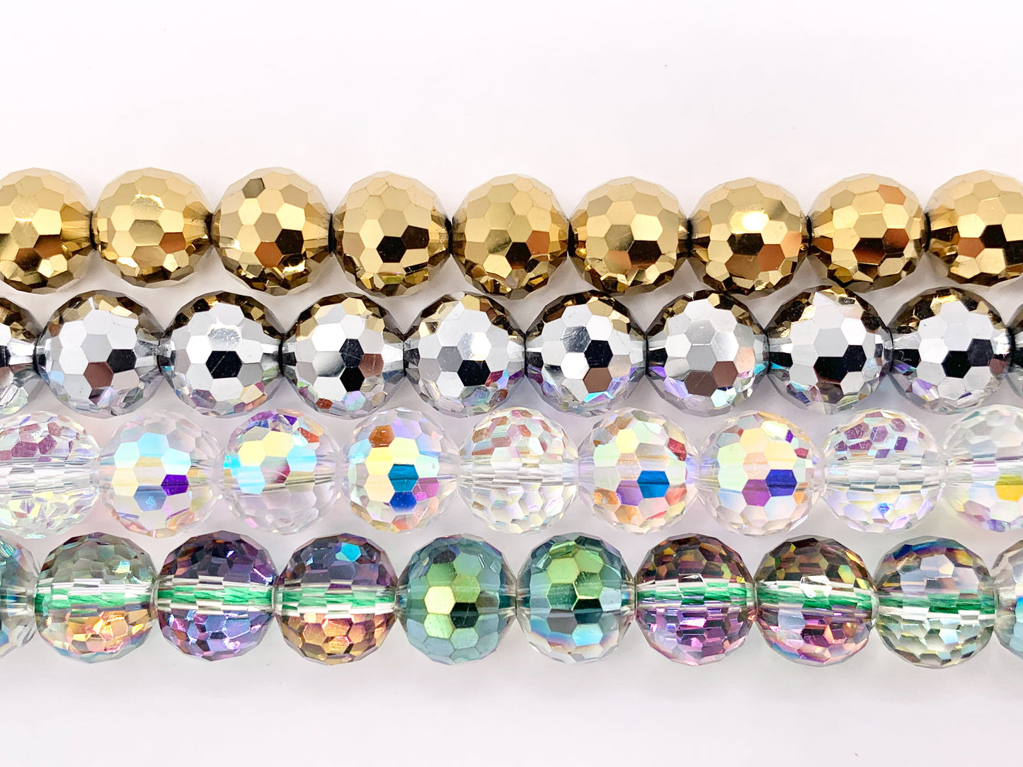 10mm High Quality Crystal Round Faceted 96 Cut Extra Shiny Crystal Beads 1 Strand 10" Available in Gold, Silver, Clear AB And Green/Purple