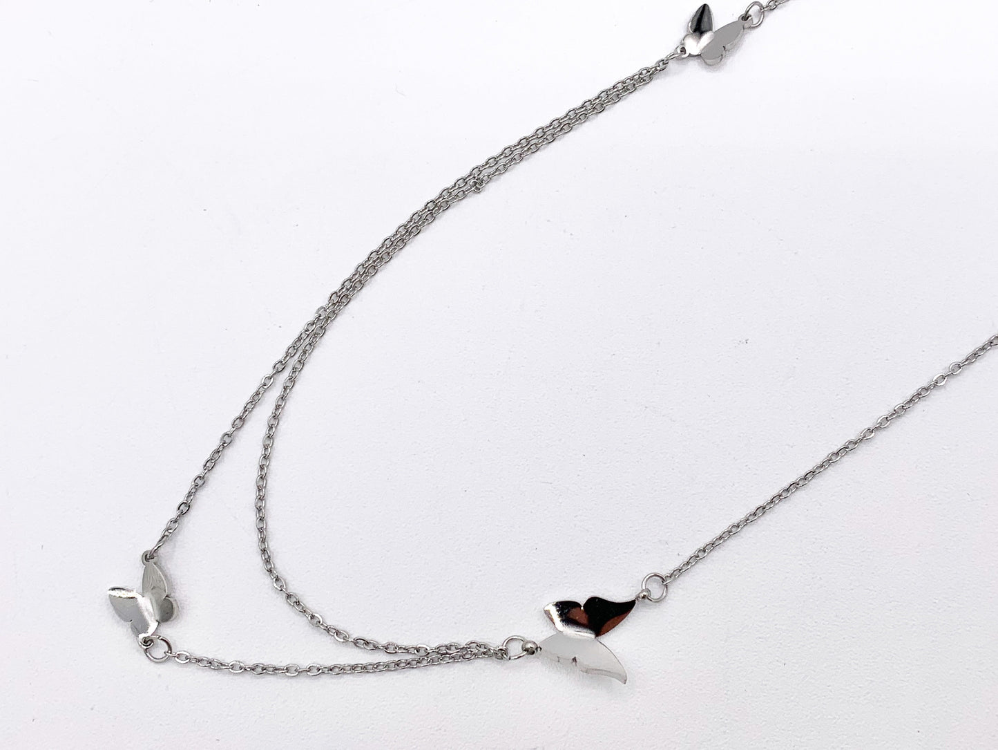 Delicate 2 Layers Butterfly Necklace Gold/Silver Plated Stainless Steel Dainty Flexible Minimalist Finished Necklace 16" with Extension Link