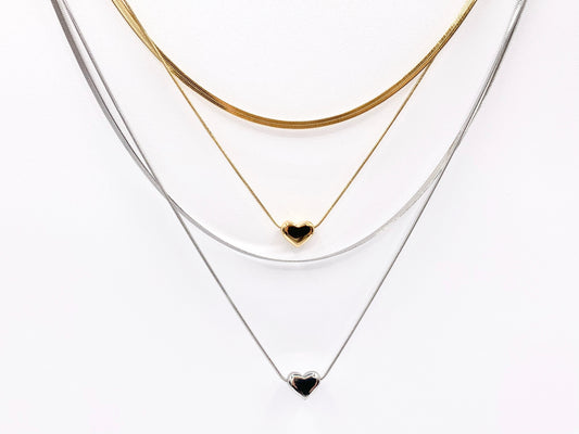 Delicate 2 Layers Heart Necklace Gold/Silver Plated Stainless Steel Dainty Flexible Minimalist Finished Necklace 16" with Extension Link