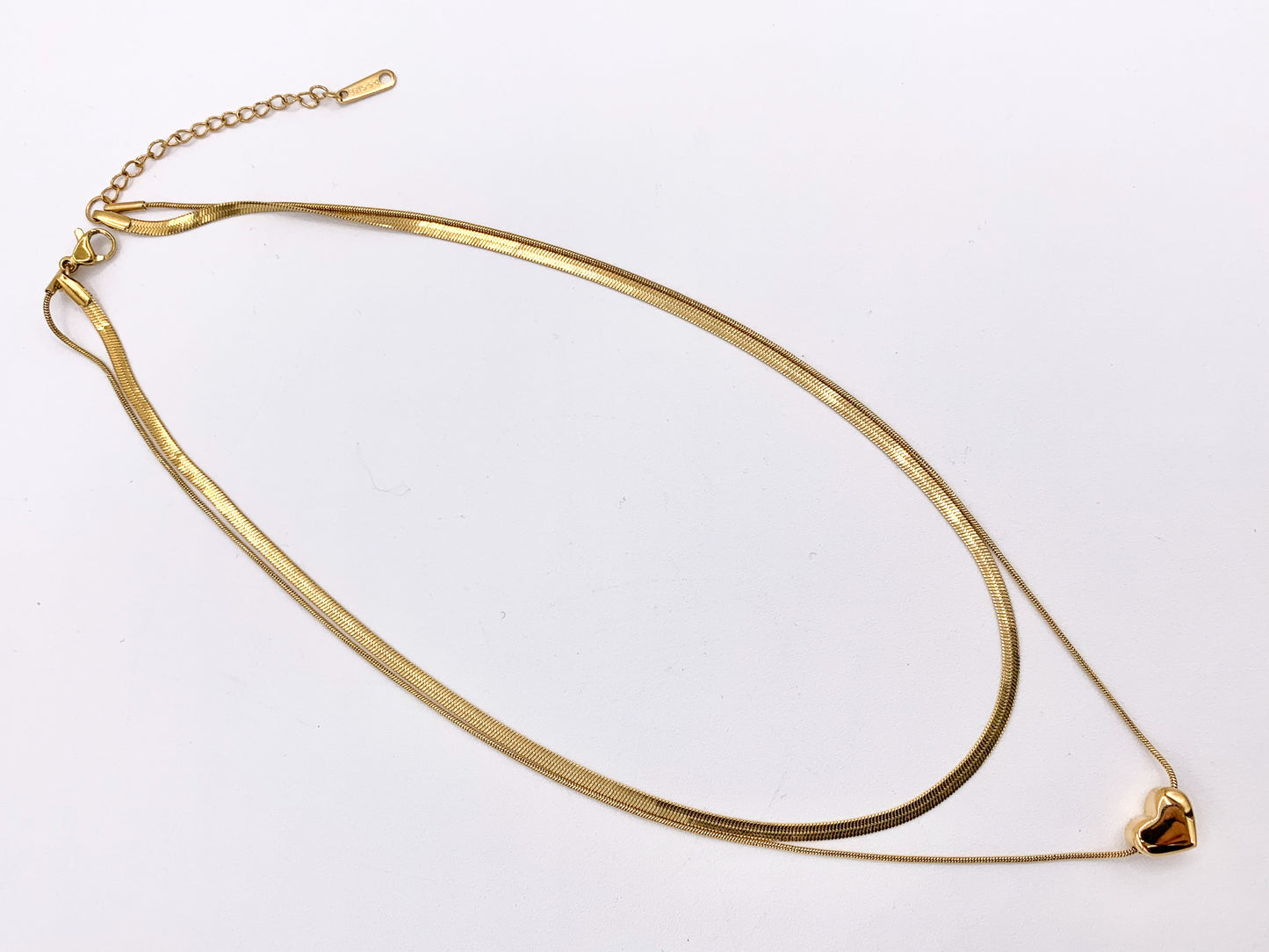 Delicate 2 Layers Heart Necklace Gold/Silver Plated Stainless Steel Dainty Flexible Minimalist Finished Necklace 16" with Extension Link