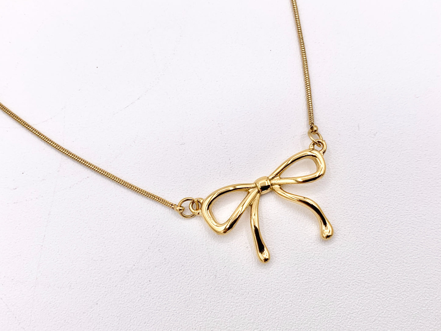 Delicate Bowtie Necklace Gold Plated Stainless Steel Dainty Flexible Minimalist Finished Necklace 16" with Extension Link