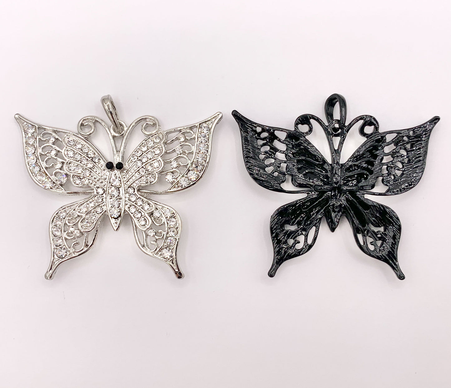 2.25x1.75" Large Filigree Butterfly Rhinestone Pendants Black, Brass & Silver 1 PC