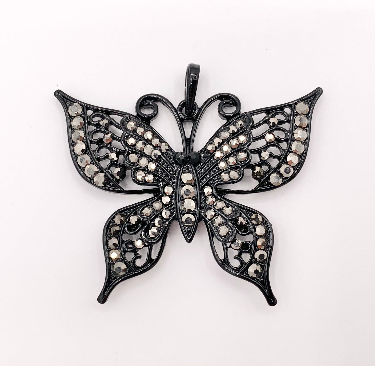 2.25x1.75" Large Filigree Butterfly Rhinestone Pendants Black, Brass & Silver 1 PC