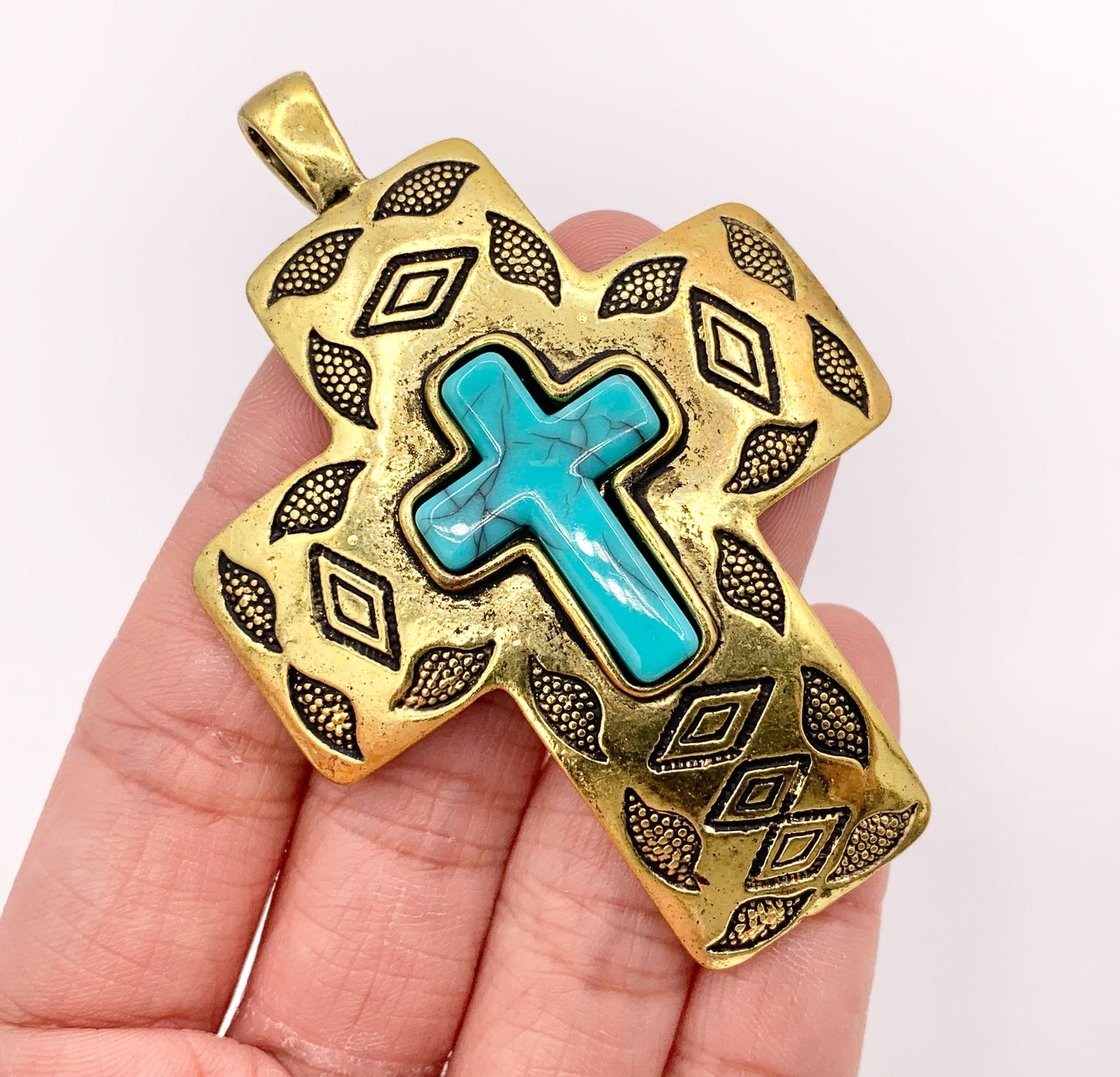 2x2.75" Pewter Cross With Turquoise Howlite Charms Large Antique Cross Pendants in Gold, Copper and Bronze Color 4 PCS