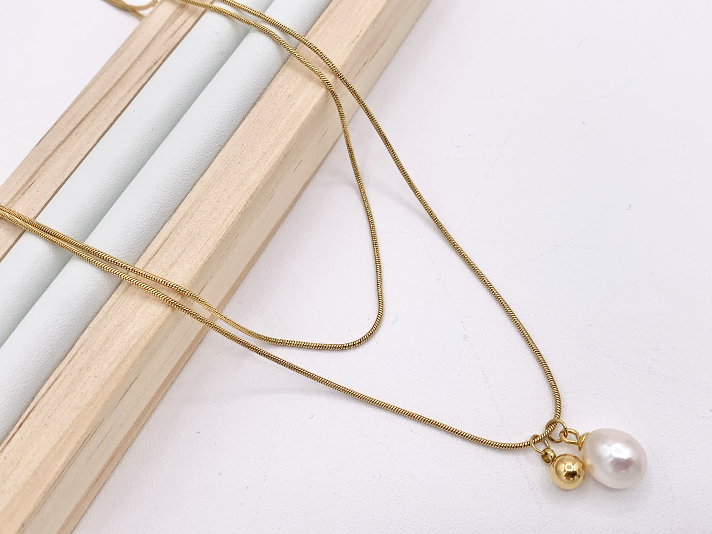 Delicate 2 Layers Freshwater Pearl Necklace Gold Plated Stainless Steel Dainty Flexible Minimalist Finished Necklace 16" with Extension Link