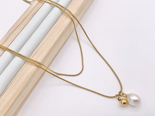 Delicate 2 Layers Freshwater Pearl Necklace Gold Plated Stainless Steel Dainty Flexible Minimalist Finished Necklace 16" with Extension Link