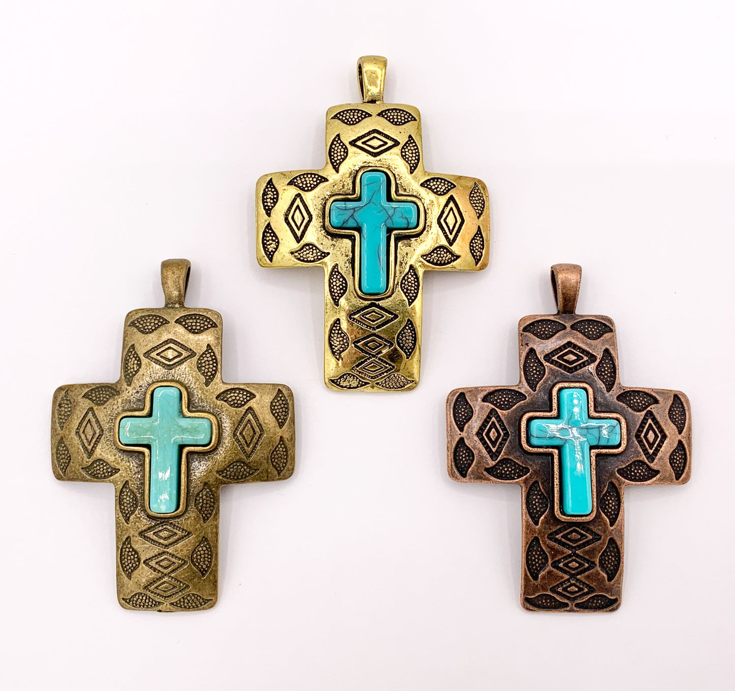 2x2.75" Pewter Cross With Turquoise Howlite Charms Large Antique Cross Pendants in Gold, Copper and Bronze Color 4 PCS