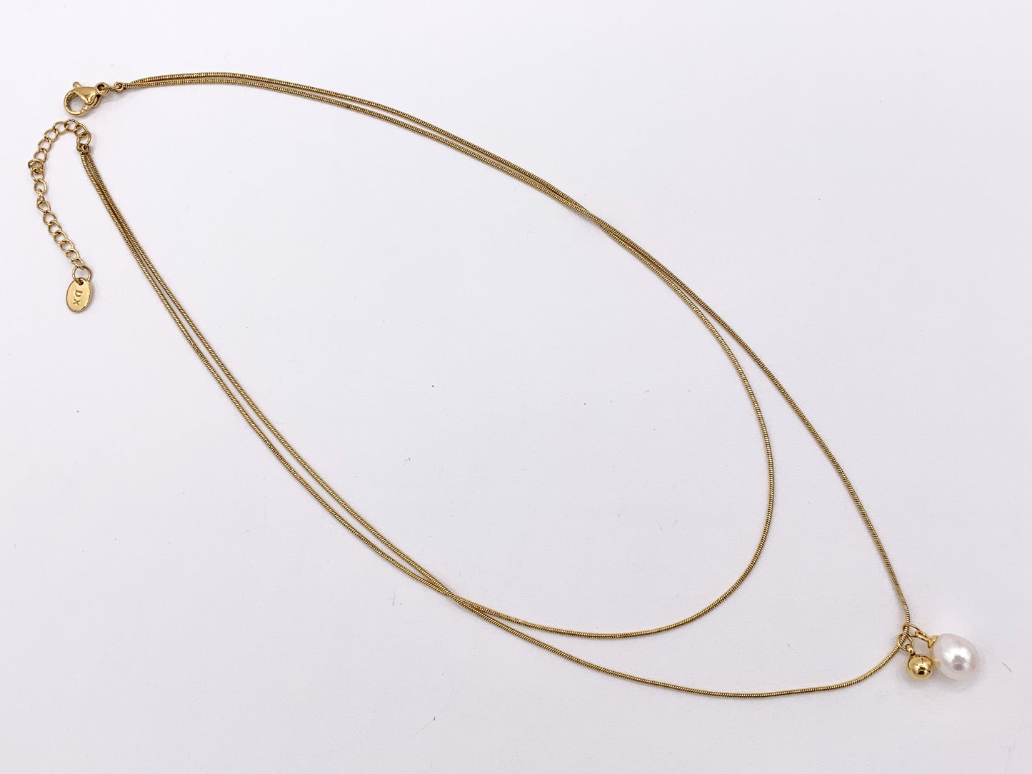 Delicate 2 Layers Freshwater Pearl Necklace Gold Plated Stainless Steel Dainty Flexible Minimalist Finished Necklace 16" with Extension Link