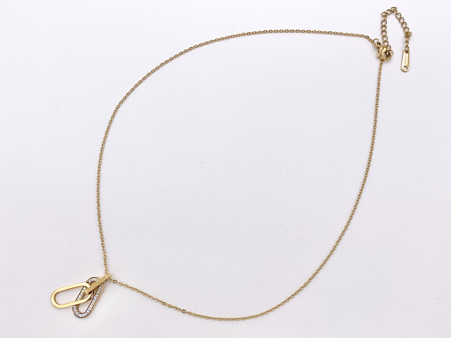 Delicate CZ Oval Pendant Necklace Gold Plated Stainless Steel Dainty Flexible Minimalist Finished Necklace 16" with Extension Link