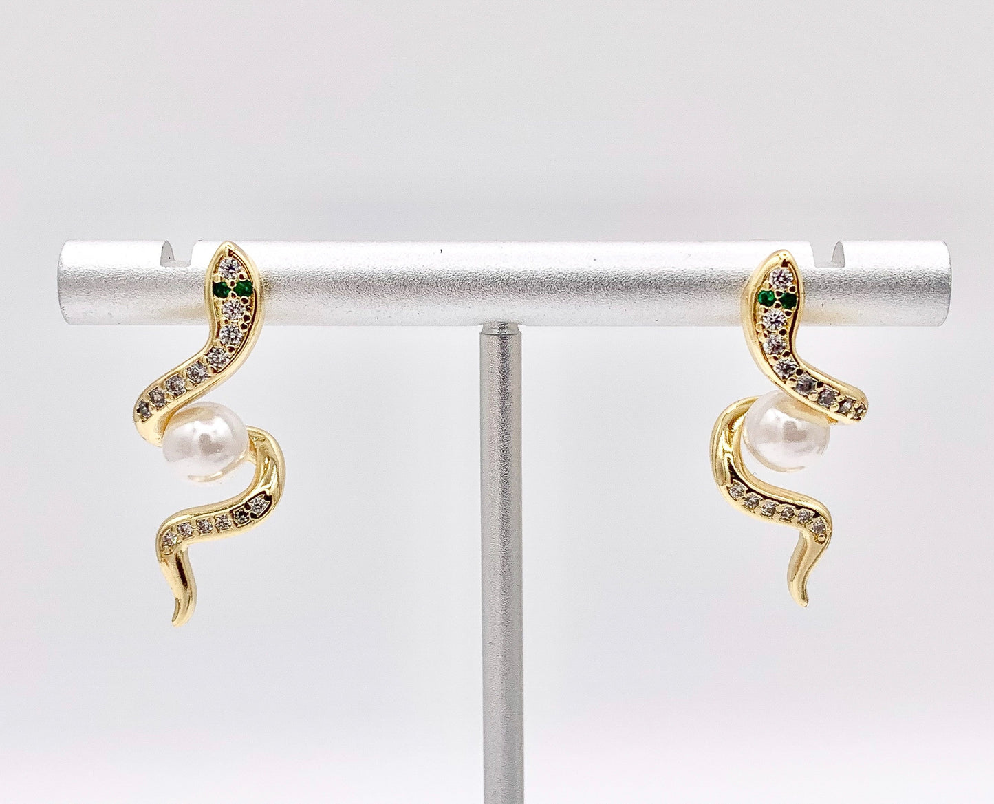 Cute Snake with Pearl Earrings in Real Gold 18K Micro CZ Pave Over Copper 4 PAIRS