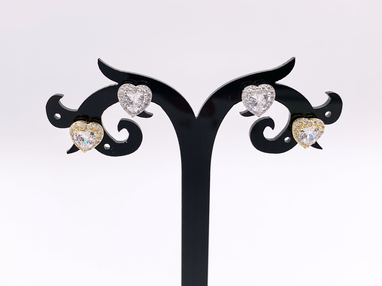 Cute Tiny Heart Earring Studs in Rhinestone CZ Pave Designed in 18K Gold or Silver Plated Copper 5 PAIRS