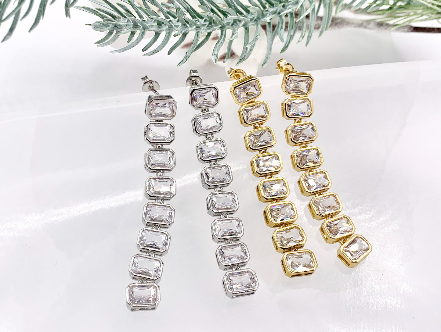 CZ Pave Baguette Drop Dangle Earrings in 18K Gold or Silver Plated Copper 2 PAIRS