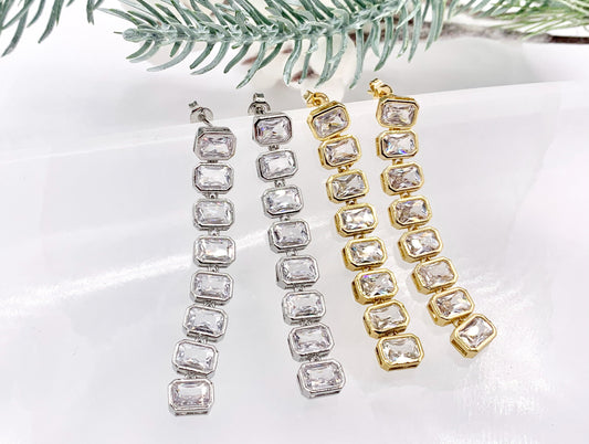 CZ Pave Baguette Drop Dangle Earrings in 18K Gold or Silver Plated Copper 2 PAIRS