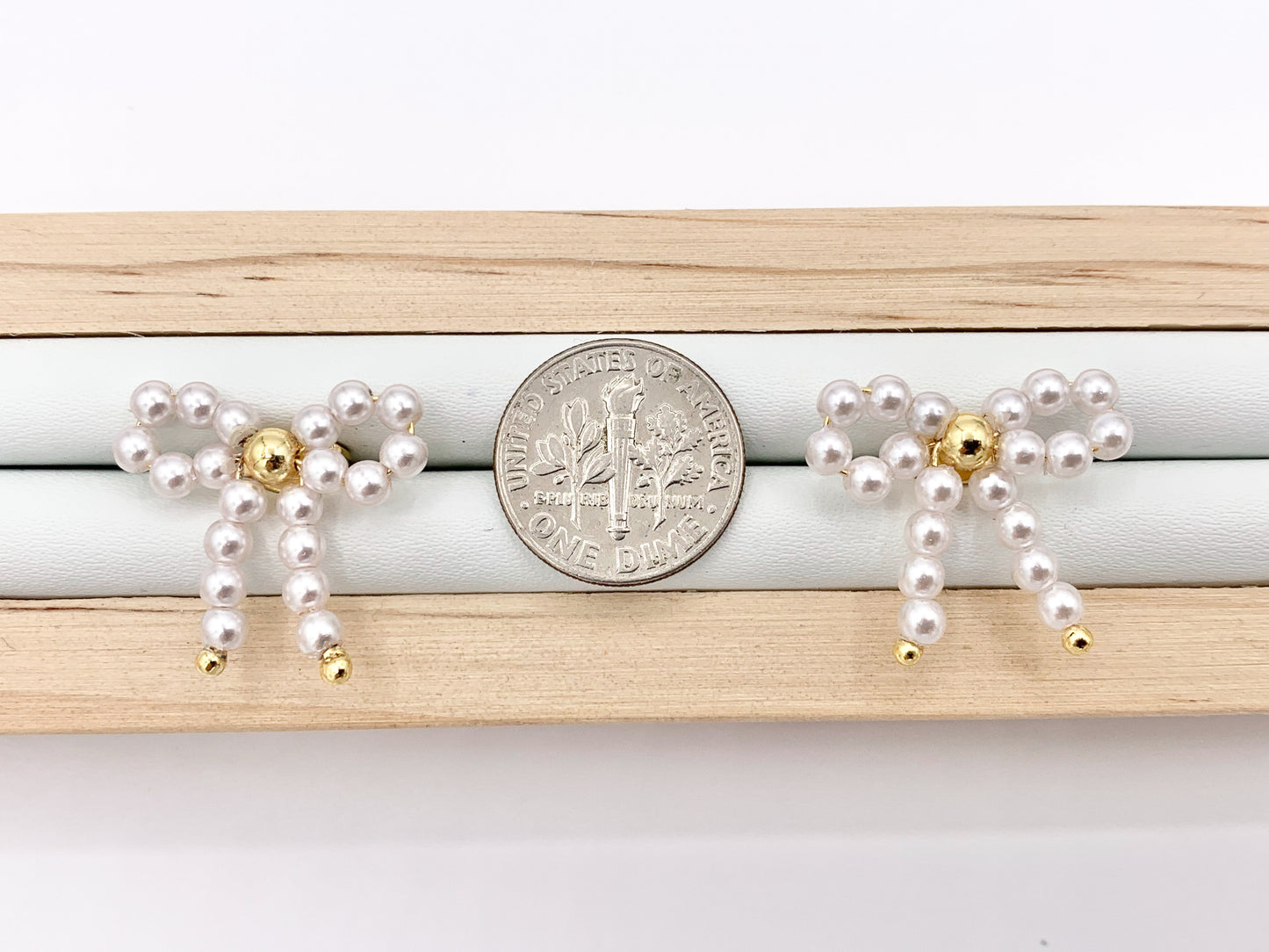 Cute Pearl Bowtie Beaded Earring Studs in 18K Gold Plated Over Copper Earrings 5 PAIRS