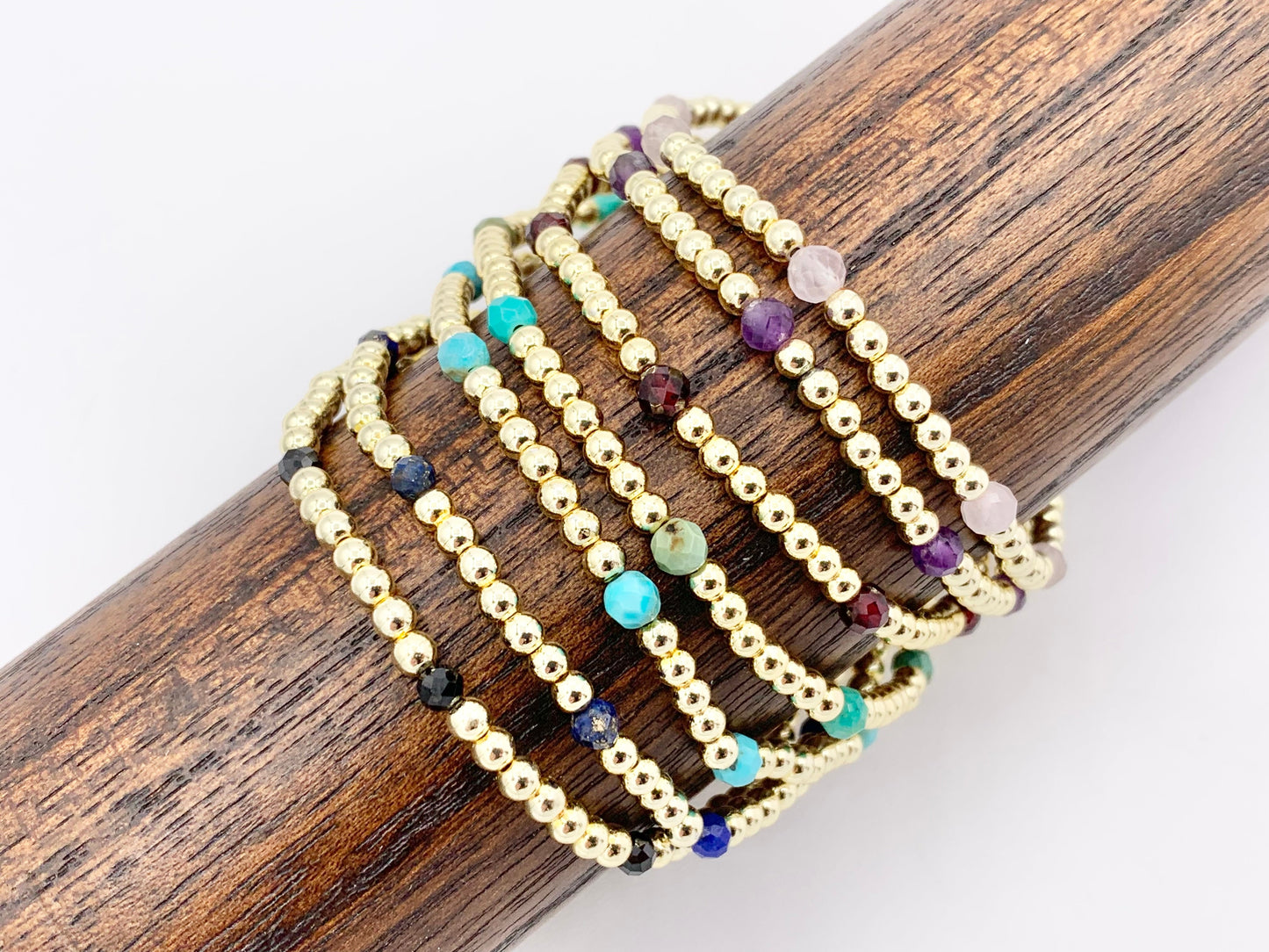 18K Gold Plated Hematite + Assorted Stones Dainty Stretchy Bracelet 1 piece