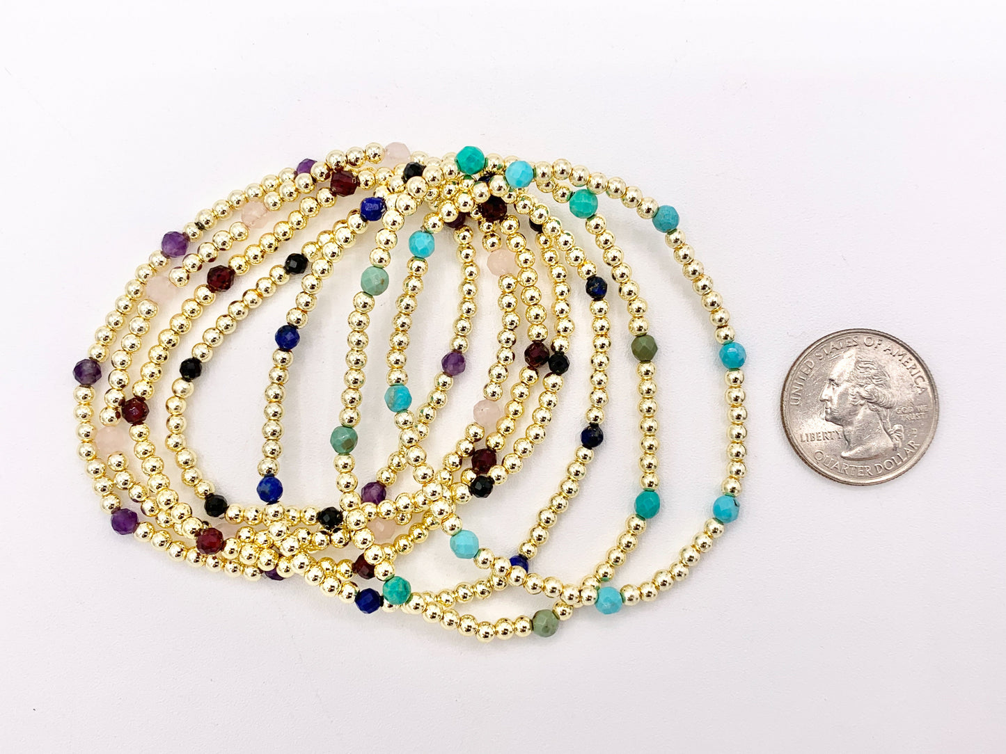 18K Gold Plated Hematite + Assorted Stones Dainty Stretchy Bracelet 1 piece