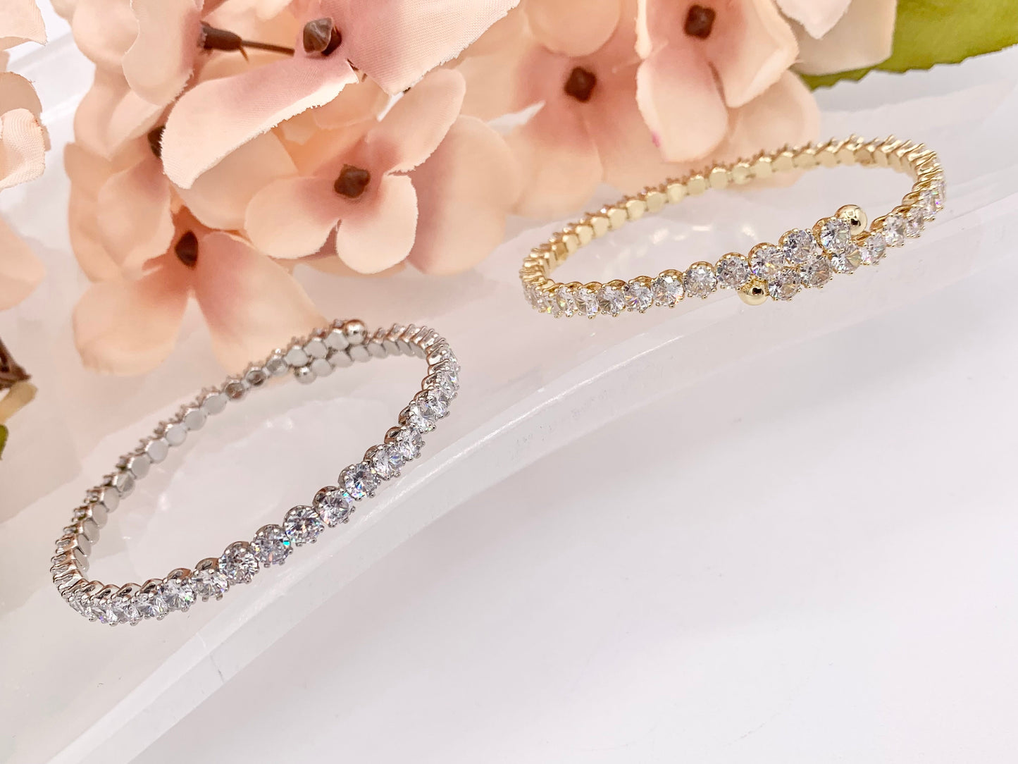CZ Pave Cluster Rhinestone Baguette Fancy Flexible Bracelet Cuffs In Real Gold/Platinum 18K Plated Copper 4 PCS