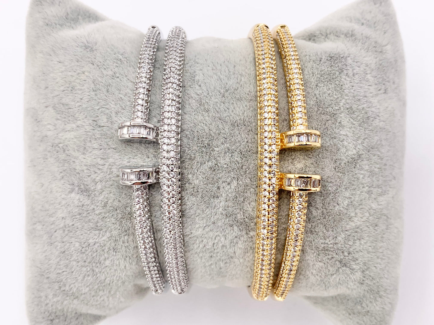 Trendy Designer Like CZ Pave Rhinestone 2 Layers Nail Adjustable Bracelet Cuffs in Real 18K Gold/Platinum Plated Copper 1PC