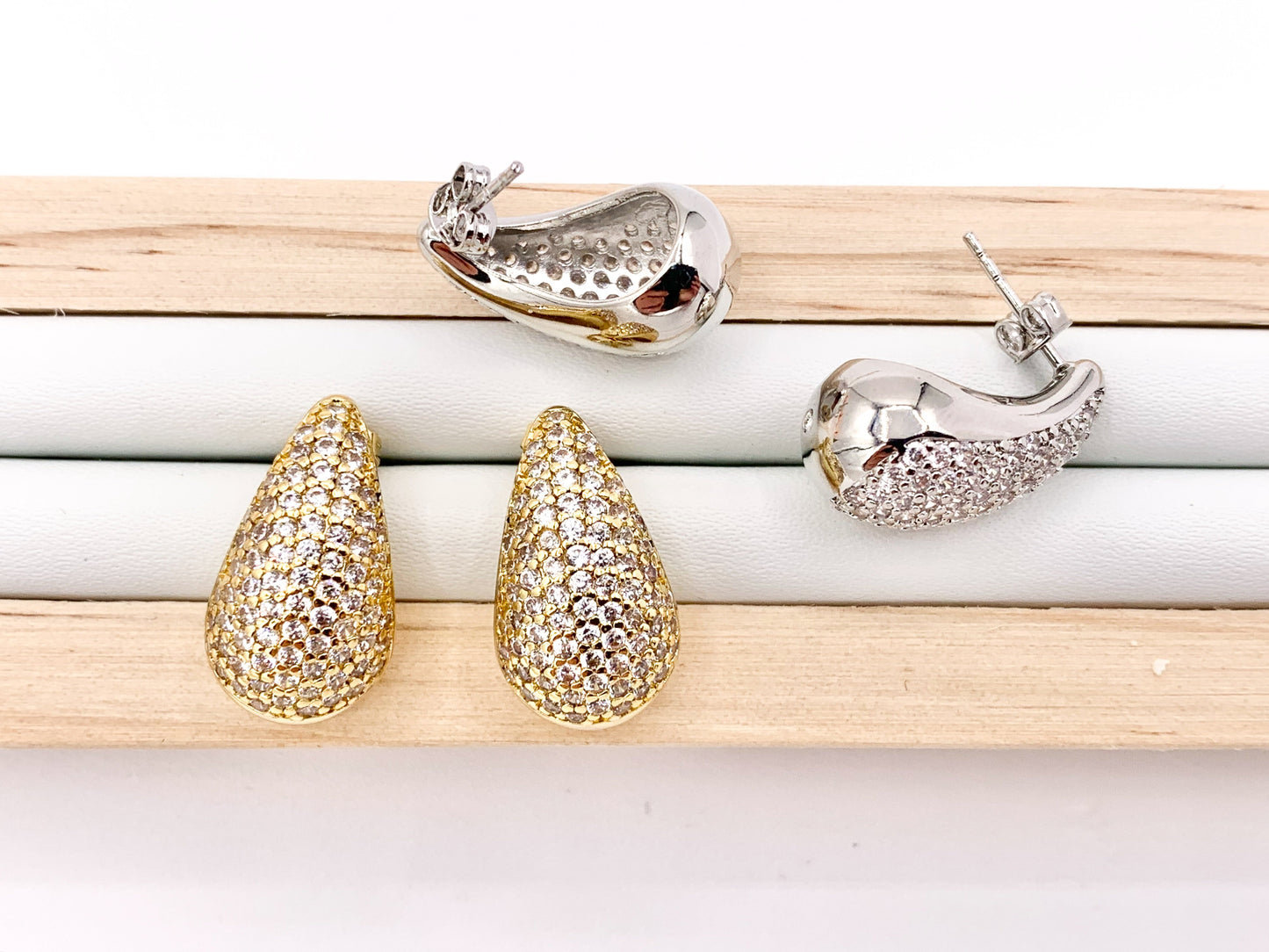 CZ Pave Drop Puffy Earrings in 18K Gold or Silver Plated Copper 3 PAIRS
