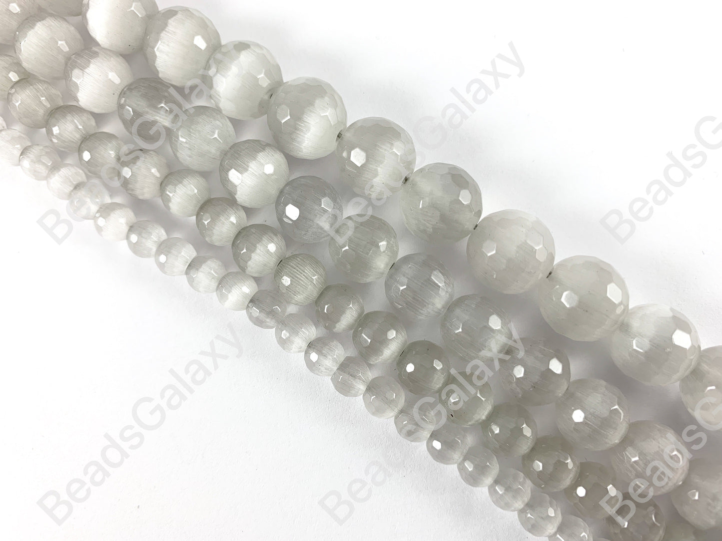 Faceted Round Cat's Eye Dyed Light Gray Beads Around 15"