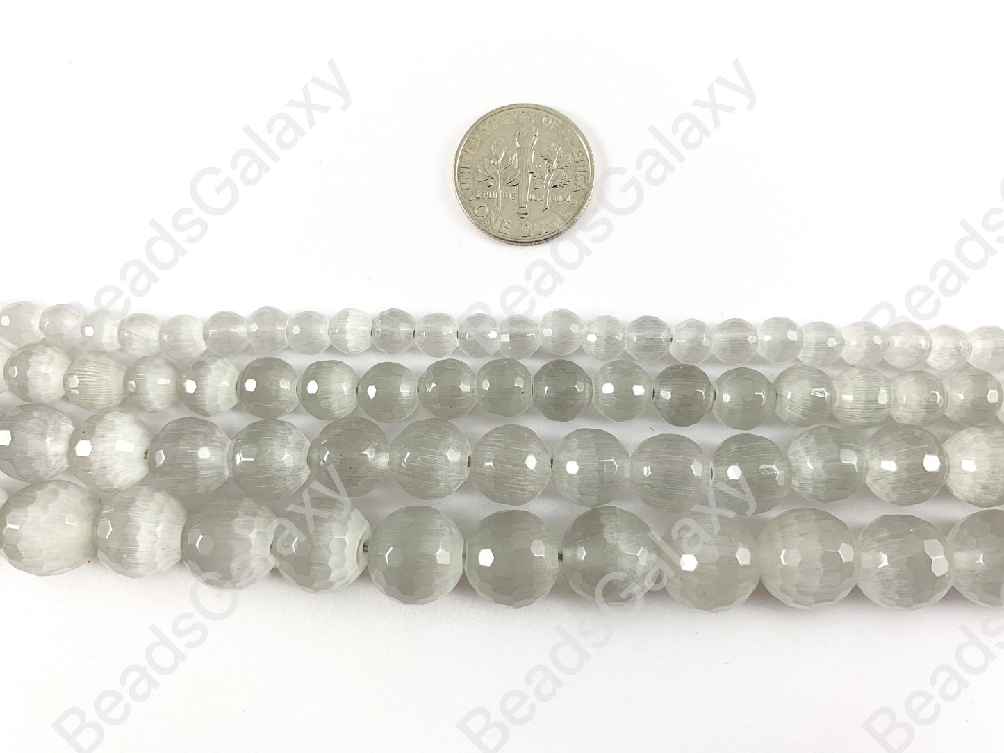 Faceted Round Cat's Eye Dyed Light Gray Beads Around 15"