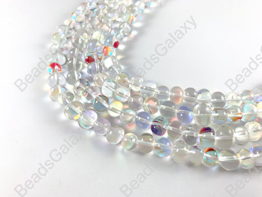 Iridescent Clear Natural Quartz Mermaid Glowing Round Beads Around 15-16"
