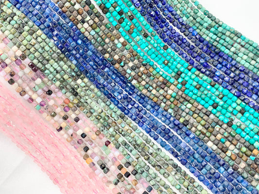 3mm Assorted High Quality Dainty Stone Hand Cut Faceted Cube Beads 8 Different Natural Stone Beads 15" Strand