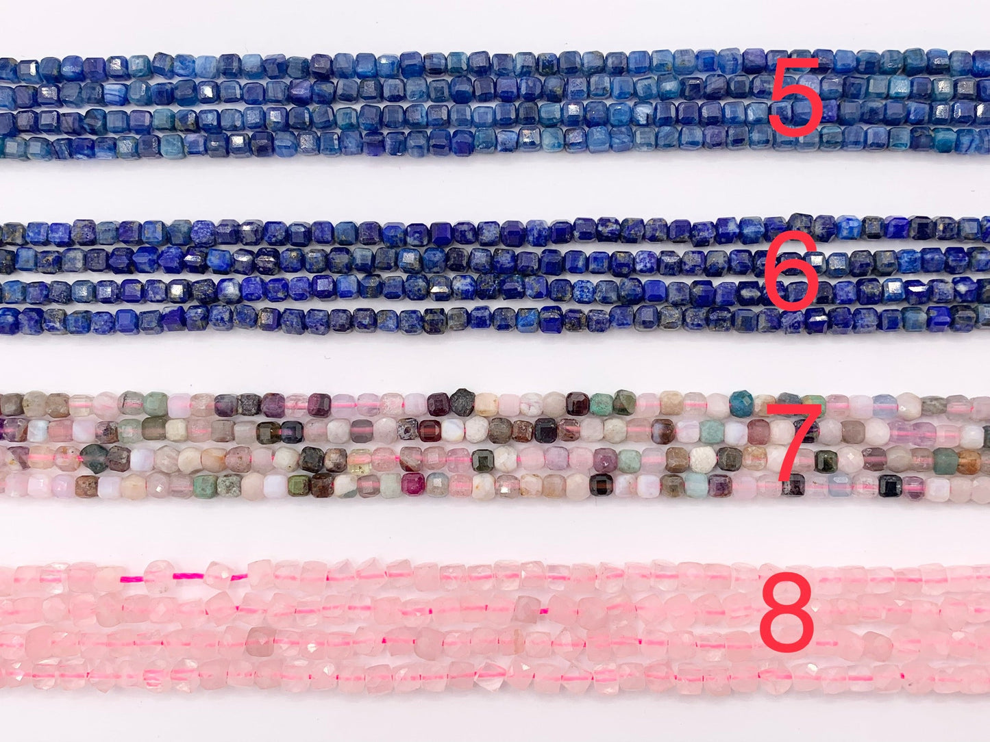 3mm Assorted High Quality Dainty Stone Hand Cut Faceted Cube Beads 8 Different Natural Stone Beads 15" Strand
