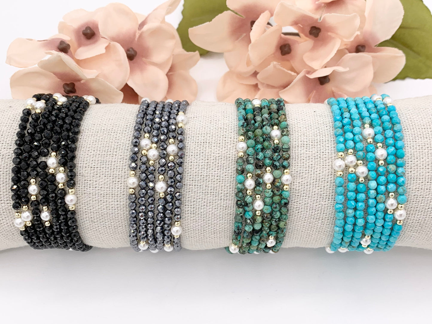 Assorted Stones With Pearls Dainty Stackable Stretchy Bracelet 1 piece Black Spinel, Terahertz, African Turquoise, Magnesite And More