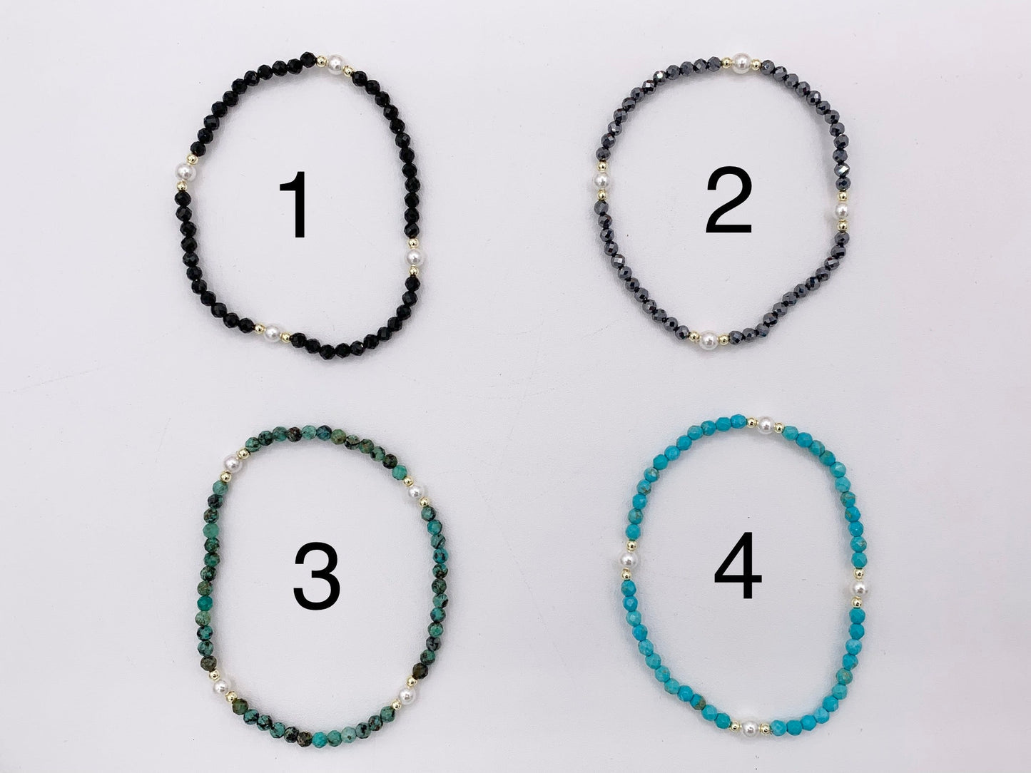 Assorted Stones With Pearls Dainty Stackable Stretchy Bracelet 1 piece Black Spinel, Terahertz, African Turquoise, Magnesite And More