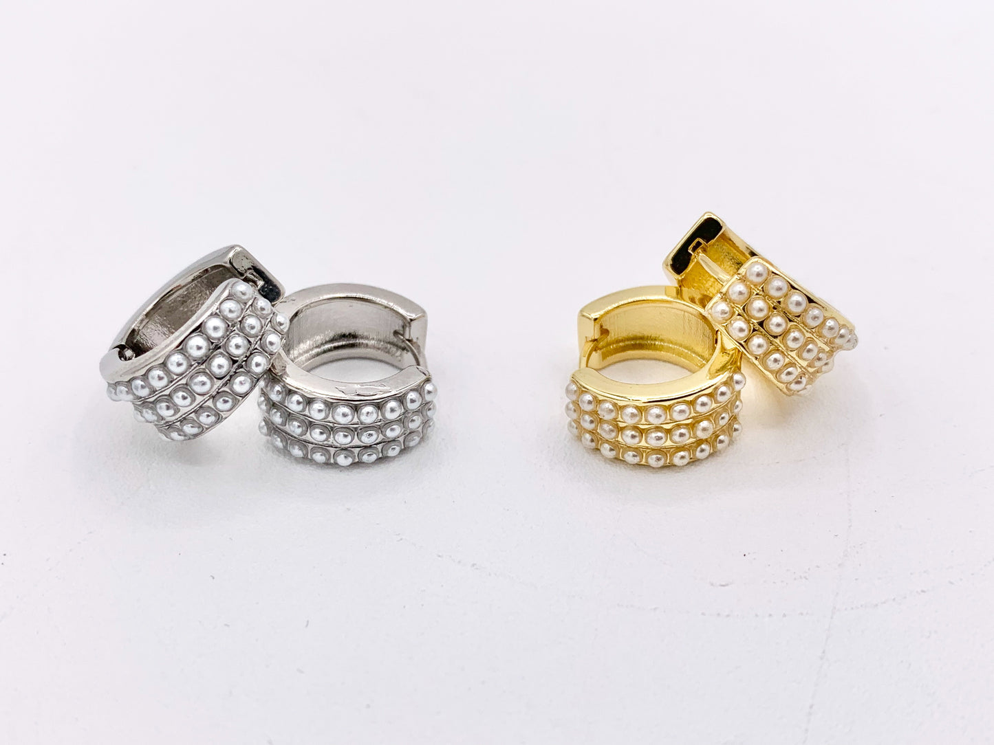 Dainty Pearl 14mm Earring Huggies in 18K Gold or Silver Plated Copper 3 PAIRS