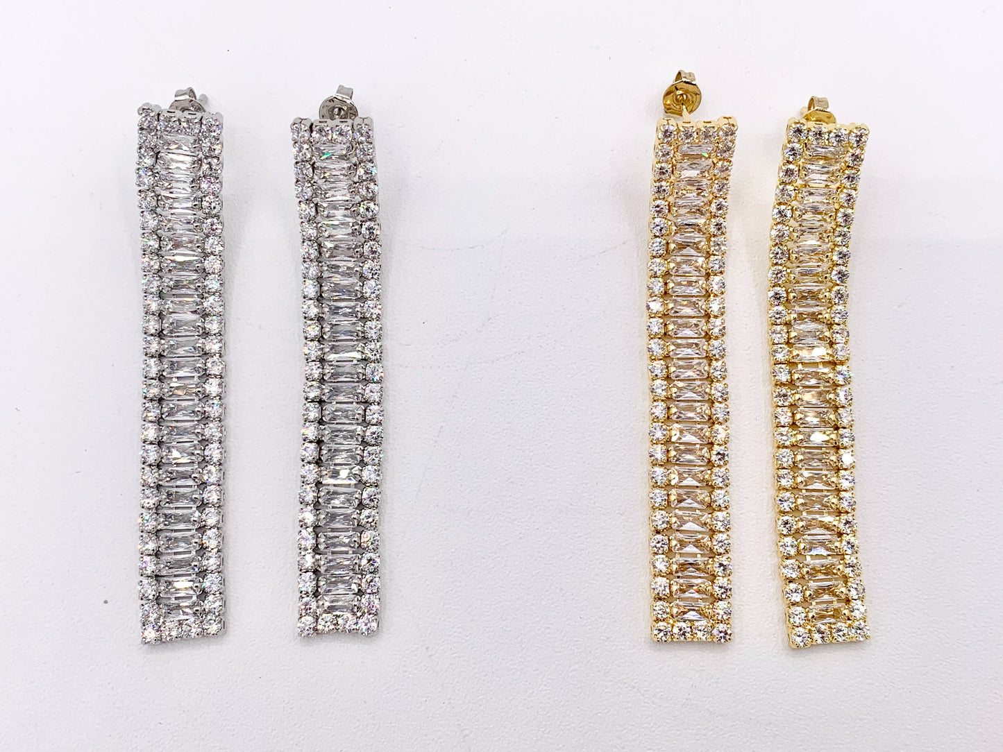 Drop Baguette CZ Pave Dangle Earrings in 18K Gold/Platinum Plated Copper 3 PAIRS