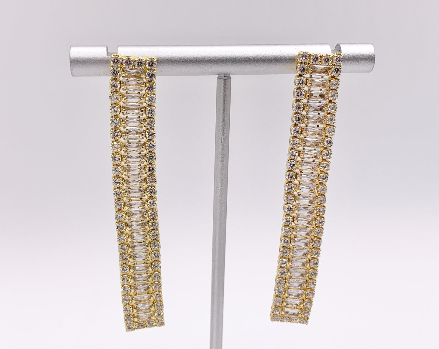 Drop Baguette CZ Pave Dangle Earrings in 18K Gold/Platinum Plated Copper 3 PAIRS