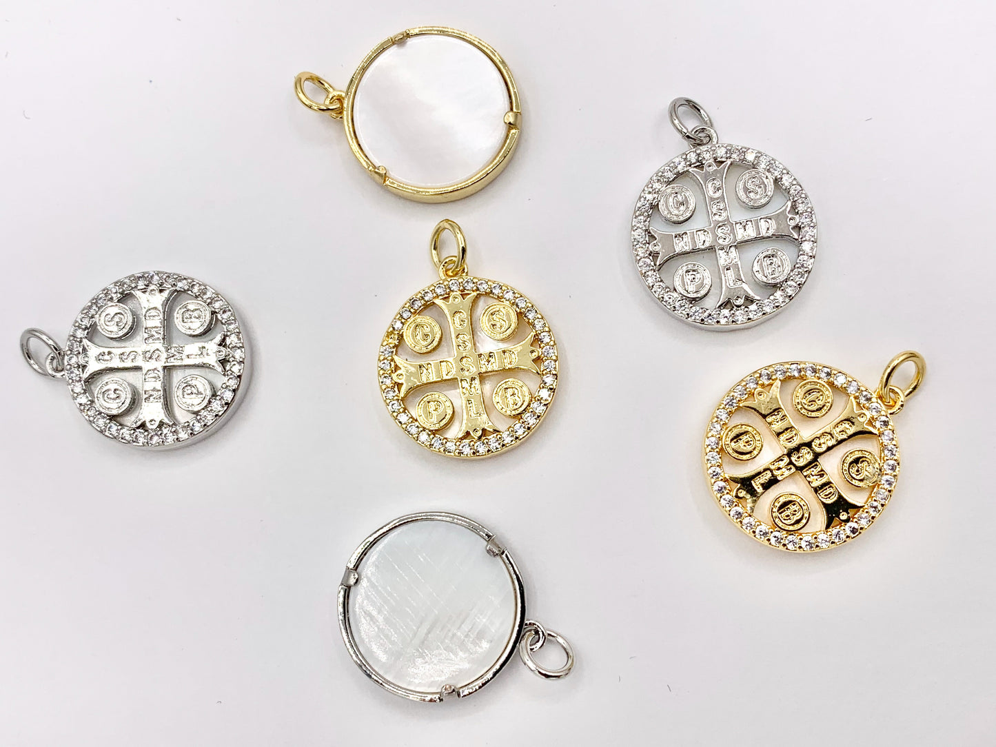 16mm Coin Cross Charm White Lip Shell St Benedict Cute Tiny Religious Pendants in 18K Gold/Silver Plated over Copper 5 PCS