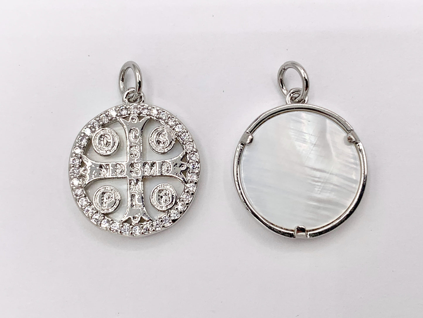 16mm Coin Cross Charm White Lip Shell St Benedict Cute Tiny Religious Pendants in 18K Gold/Silver Plated over Copper 5 PCS